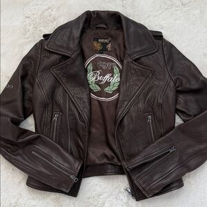 Buffalo David Bitton Brown Genuine Leather 1973 Moto Biker Zip Up Jacket S Small